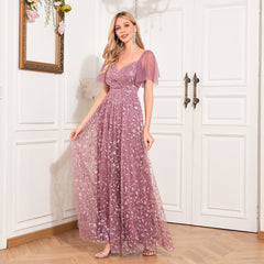 Elegantes, transparentes Abendkleid mit kurzen Ärmeln, V-Ausschnitt, U-Rücken-Ausschnitt, A-Linie, Stickerei, Mesh und vollständigem Futter