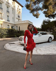 Fall Ostrich Feather Long Sleeved Bandage One Piece Dress