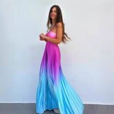 Personalized Gradient Color Halter Pleated Long Dress