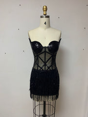 Black Tassel Dress Swing Heavy Embroidery Sequ Tight Dress Party Dress