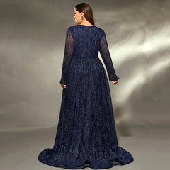 Plus Size Evening Cocktail Host Gorgeous Queen Long Sleeve Sequin Model Elegant Dress