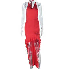 Elegant Solid Color Fishtail Dress Sleeveless V neck Mid Length Dress