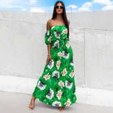 off Neck Pleated Printed Slip Shoulder Sleeve Floral Print Maxi Dress