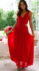 Ärmelloses Maxikleid mit V-Ausschnitt, einfarbig, mit Ziernähten und weitem Schwung