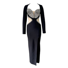 Long Sleeve Slim Fit Mesh Diamond Bandage Dress Slit Sheath Evening Dress