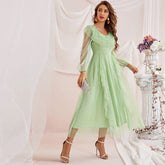 Lace Mesh Maxi Dress round Neck High Waist Voile A line Dress