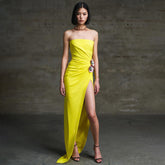 Elegant Design Yellow Three Dimensional Embroidery Formal Dress Tube Top Dress