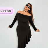 Elegant Dress Boat Collar Wooden Ear Midi Dress