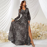 Leopard Print Dress Chic Leopard Print V Neck Slit Long Sleeve Chiffon Dress