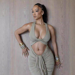 Twisted Hollow Out Cutout out Dress Pleated Lace up Halter Sleeveless Fishtail Dress