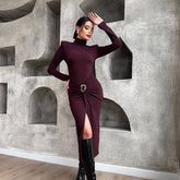 Fall High Collar Long Sleeve Waist High Split Slim Fit Hip Bag Dress