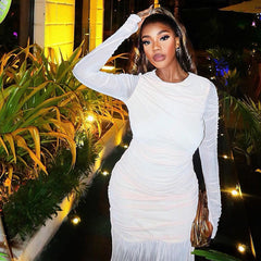 Vestido informal de color liso con cuello redondo, manga larga y costuras de malla