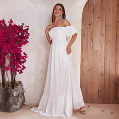 Vestido largo blanco con hombros descubiertos, manga corta, para fiesta de graduación, noche, informal, largo, para vacaciones