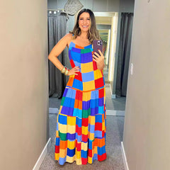 Maxi Dress Suspender Plaid Colored Mosaic Straight Dress