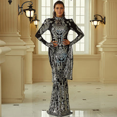 Vestido de noche elegante, ajustado, de manga larga, con lentejuelas y manga larga para pasarela