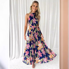 Large Swing Dress Vacation Sleeveless Lace Printing Halter