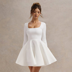 Square Collar Elegant Slim Fit Waist a Swing Casual Short Dress