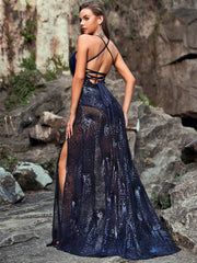 Deep V Plunge Sling Translucent Bare Back Lace Up Sequined Maxi Dress