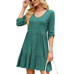 Solid Color round Neck Button Pleated Half Sleeve Dress