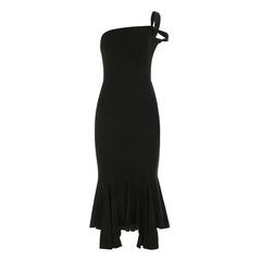 Ladies Dress Solid Color Basic One Shoulder Cut out Ruffled Irregular Asymmetric Tube Top Dress