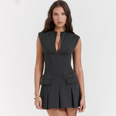 Office Commuting Wear Dress V neck Pleated Dress Boning Corset Slim Sleeveless Dress for