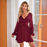 Deep V Plunge neck Dress Wedding Guest Casual Pleated Long Sleeve Lace up Backless Dress