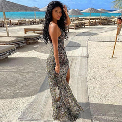 Suspenders Dress Swing Collar Printed Sleeveless Backless Dress Split Pullover Asymmetric