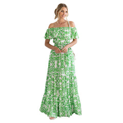 Vestido elegante de corte amplio con vuelo, hombros descubiertos y mangas con volantes y estampado floral