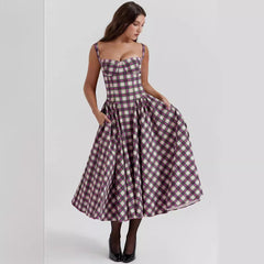 Vestido estilo europeo con cuello en U y cuadros, cintura estrecha, estilo retro, con vuelo grande