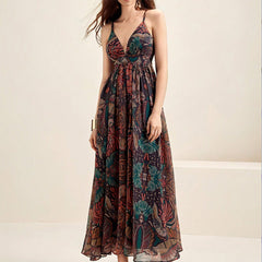 French Elegant Vacation Dress Printed V neck Seaside Strap Dress