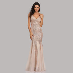 Sequin Stitching Mesh Mermaid Evening Dress Double V Neck Sleeveless Bridesmaid Elastic Dress