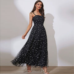 Suspender Dot Mesh High Waist Office Cami Dress