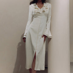 French Ruffled V neck Bell Sleeve Single Breasted Elegant Slim Dress for