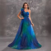 Vestido de noche de graduación azul pavo real con estampado tridimensional de encaje sin mangas y hombros descubiertos