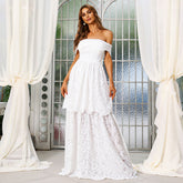 Cocktail Toast Dress Lace Stitching White off Shoulder Chinese Wedding Dress Bridesmaid Dress Evening