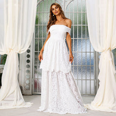 Cocktail Toast Dress Lace Stitching White off Shoulder Chinese Wedding Dress Bridesmaid Dress Evening