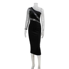 Modisches Kleid mit Paillettenbesatz an der Schulter und diagonalem Kragen, formelles Kleid