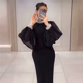 Light Luxury Diamond Stitching Mesh Lantern Sleeve Bandage One Piece Dress Hepburn Socialite Formal Dress