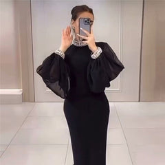 Light Luxury Diamond Stitching Mesh Lantern Sleeve Bandage One Piece Dress Hepburn Socialite Formal Dress