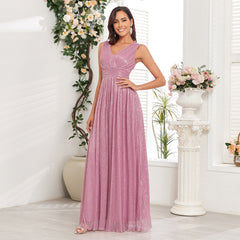 Pleated Shiny Double V Neck Large A Hem Party Evening Dress Short Sleeve Back Zipper Full Lining Prom Dress