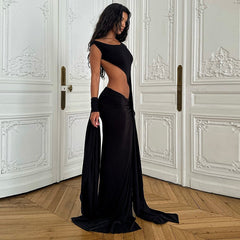 Trendy Large Hollow Out Cutout out Single Side Long Sleeve Asymmetric Length Dress