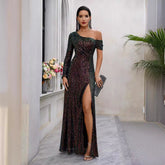 Popular Sequined Dress High Slit Oblique Collar Elegant Evening Dress
