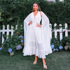 Elegant V Neck Super Long Sleeve Waist Tight Beach Vacation Long Bohemian Large Swing