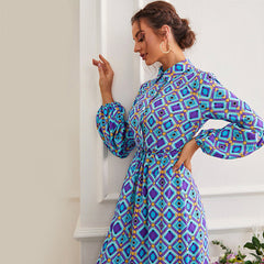 High Waist Blue Long Sleeve Dress Retro Waist Print A Line Dress