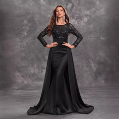Prom Party Dress Sequined Long Sleeve Round Neck Elegant Black Formal Dress