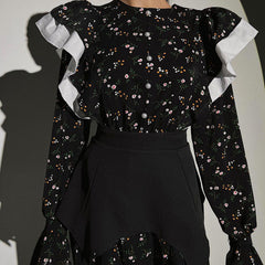 French Design Long Sleeve Dress Detachable Waist Seal Casual Floral Dress