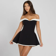 Spring Color-Blocking Design Strapless Figure-Hugging Ruffled Dress