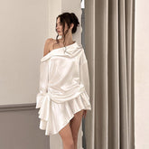 Advanced Backless Diagonal Collar Solid Color Long Sleeve