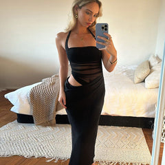 Mesh Stitching Dress Slim Fit Backless Solid Color Cropped Outfit Halter Split Maxi Dress