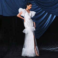 Vestido de noche elegante sin mangas con escote en V y lentejuelas largas para cóctel y cola de pez, vestido de dama de honor